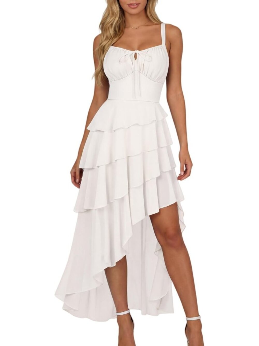 Women's White Hi Low Layer Ruffle Tie Ruched Chiffon Cocktail Maxi Dress